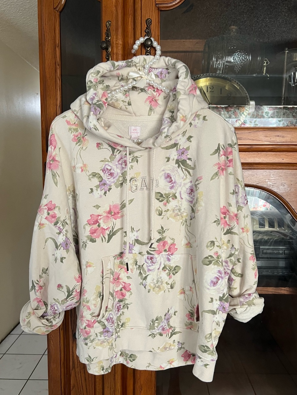LoveShackFancyXGap Cream Floral Hoodie with Pink & Lavender Roses